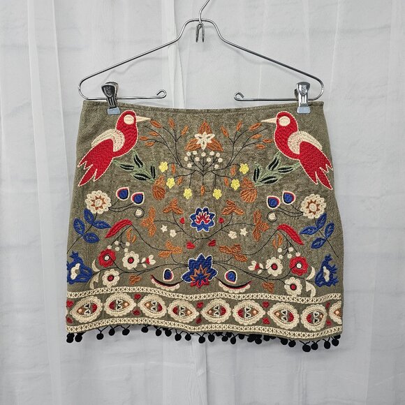 Island Girl Olive Green Red Embroidered Bird Print Mini Skirt Boho M - Picture 1 of 12